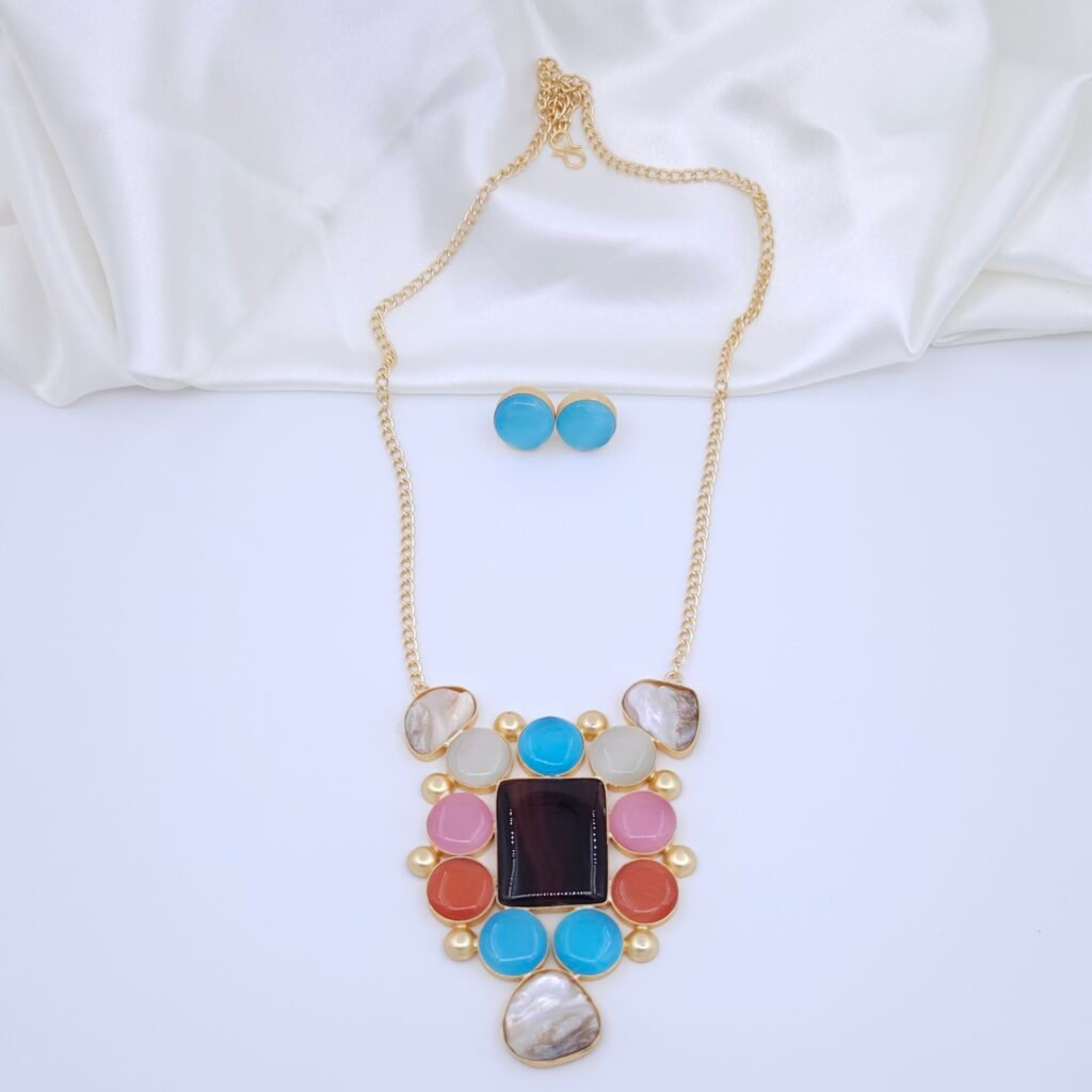 Multicolor Monalisa & Mother of Pearl Brass Necklace Set - Noor Anti-Tarnish Jewelry