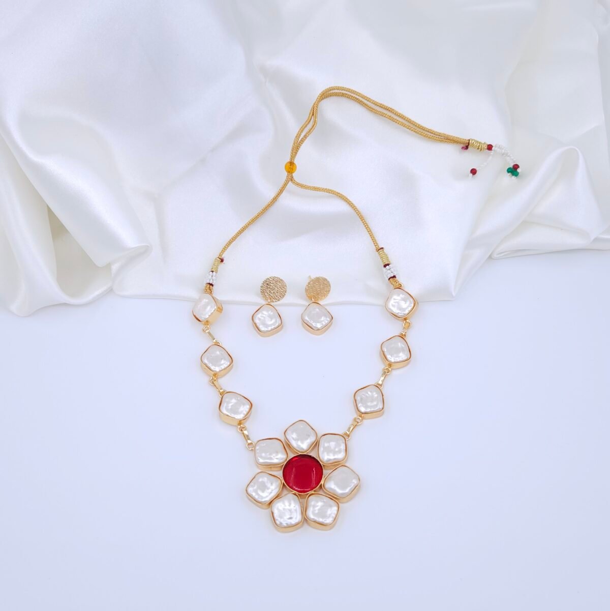Floral Mother of Pearl & Red Monalisa Stone Necklace Set