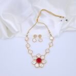 Floral Mother of Pearl & Red Monalisa Stone Necklace Set