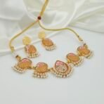 Handcrafted Monalisa Stone Jewellery Set with Hand-Painted Motifs & Pearls – Gold-Plated Festive Necklace and Earrings