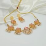 Handcrafted Monalisa Stone Jewellery Set with Hand-Painted Motifs & Pearls – Gold-Plated Festive Necklace and Earrings