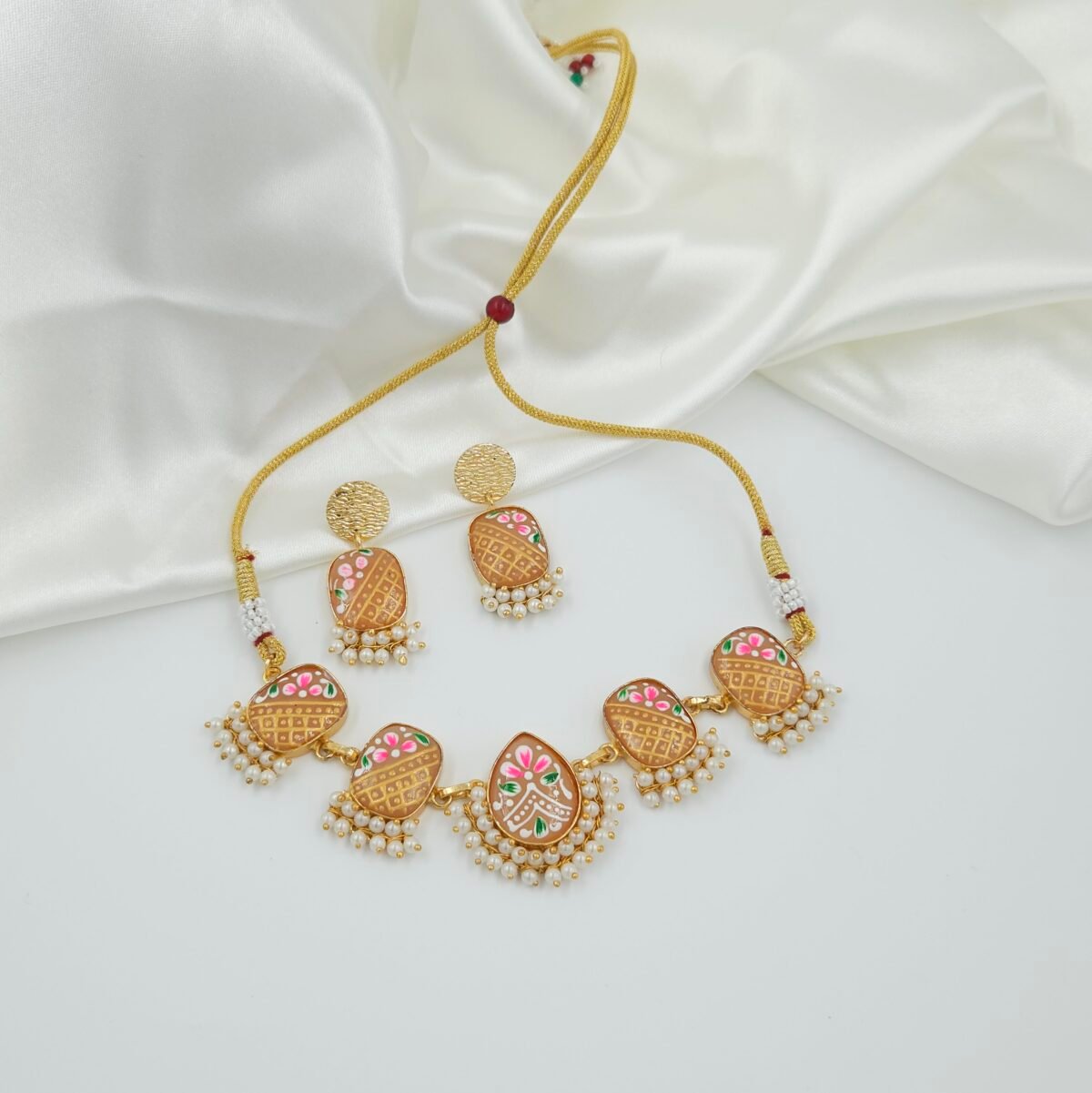 Handcrafted Monalisa Stone Jewellery Set with Hand-Painted Motifs & Pearls – Gold-Plated Festive Necklace and Earrings