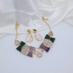 Handcrafted Anti-Tarnish Mother of Pearl & Natural Stone Jewellery Set – Gold-Plated Geometric Collar Necklace and Earrings