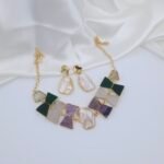 Handcrafted Anti-Tarnish Mother of Pearl & Natural Stone Jewellery Set – Gold-Plated Geometric Collar Necklace and Earrings
