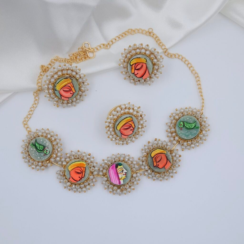 Handcrafted Anti-Tarnish Pearl Jewellery Set with Hand-Painted Natural Stones – Statement Necklace, Earrings & Ring