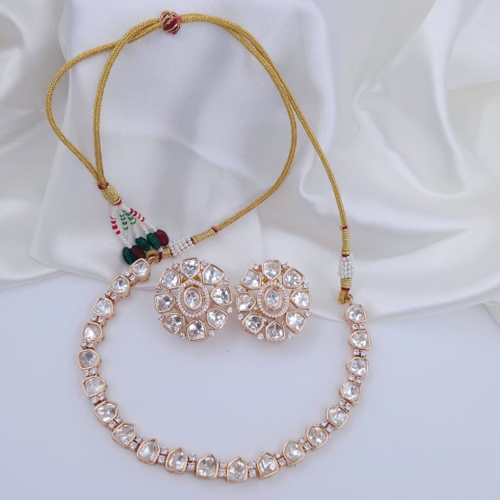 Handcrafted Moissanite & American Diamond Jewellery Set – Rose Gold Choker Necklace & Floral Stud Earrings