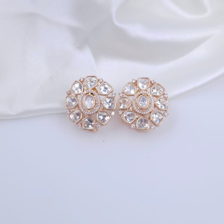 Handcrafted Moissanite & American Diamond Jewellery Set – Rose Gold Choker Necklace & Floral Stud Earrings