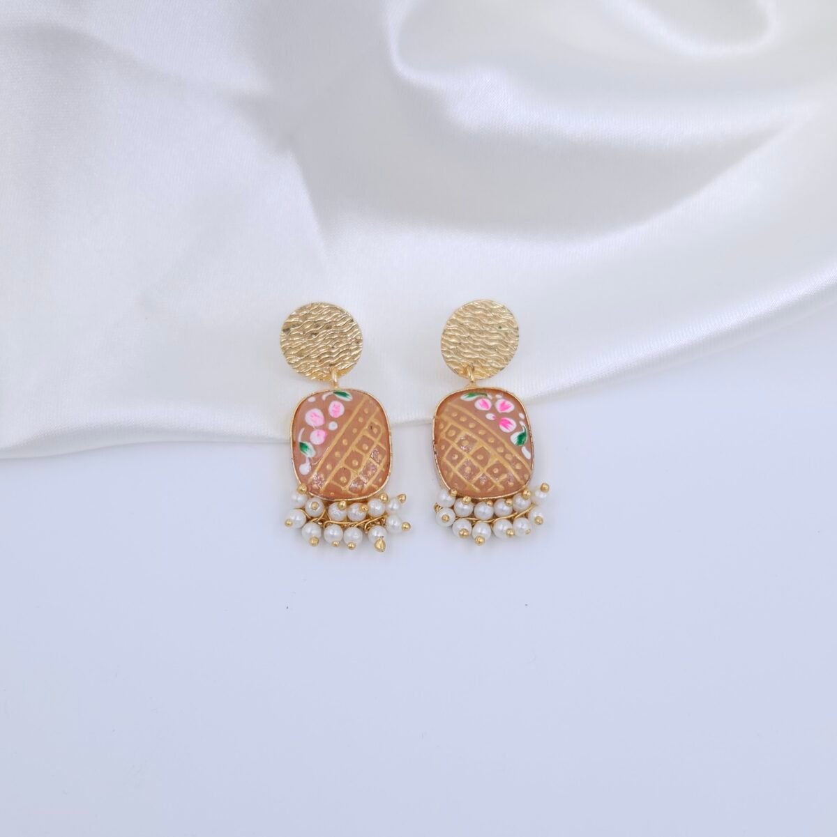 Handcrafted Monalisa Stone Jewellery Set with Hand-Painted Motifs & Pearls – Gold-Plated Festive Necklace and Earrings