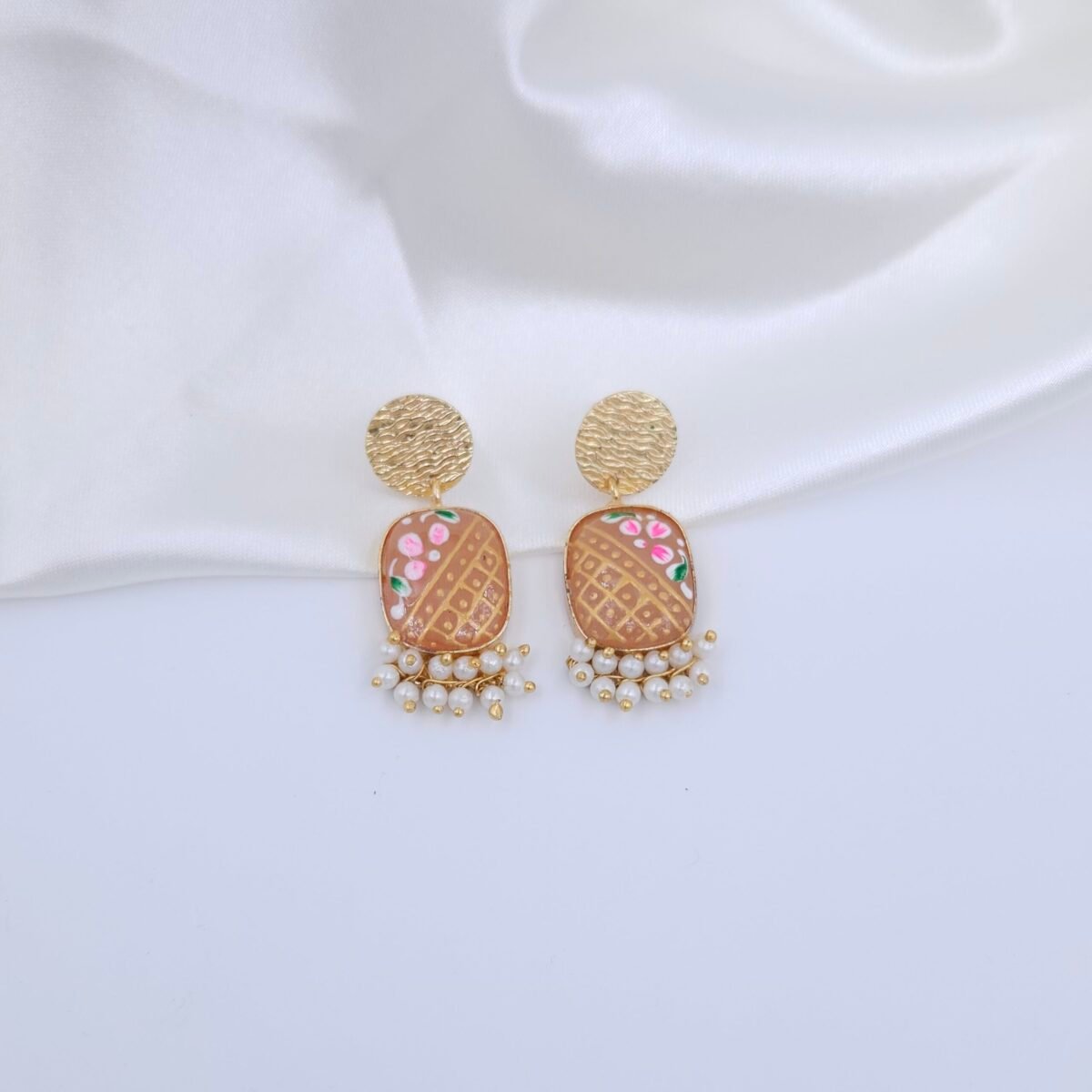 Handcrafted Monalisa Stone Jewellery Set with Hand-Painted Motifs & Pearls – Gold-Plated Festive Necklace and Earrings