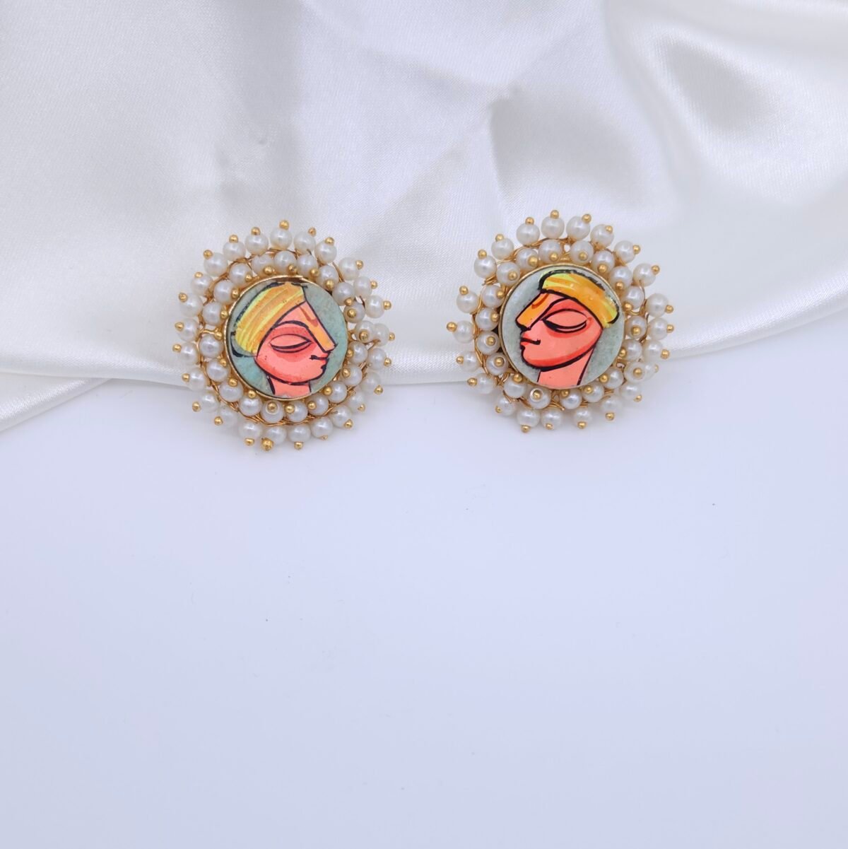 Handcrafted Anti-Tarnish Pearl Jewellery Set with Hand-Painted Natural Stones – Statement Necklace, Earrings & Ring