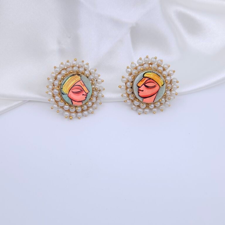 Handcrafted Anti-Tarnish Pearl Jewellery Set with Hand-Painted Natural Stones – Statement Necklace, Earrings & Ring