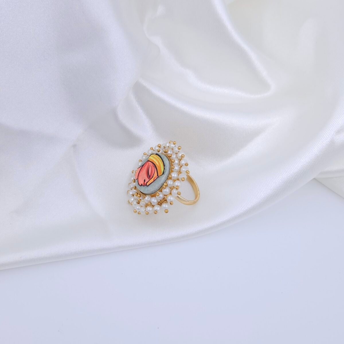 Handcrafted Anti-Tarnish Pearl Jewellery Set with Hand-Painted Natural Stones – Statement Necklace, Earrings & Ring