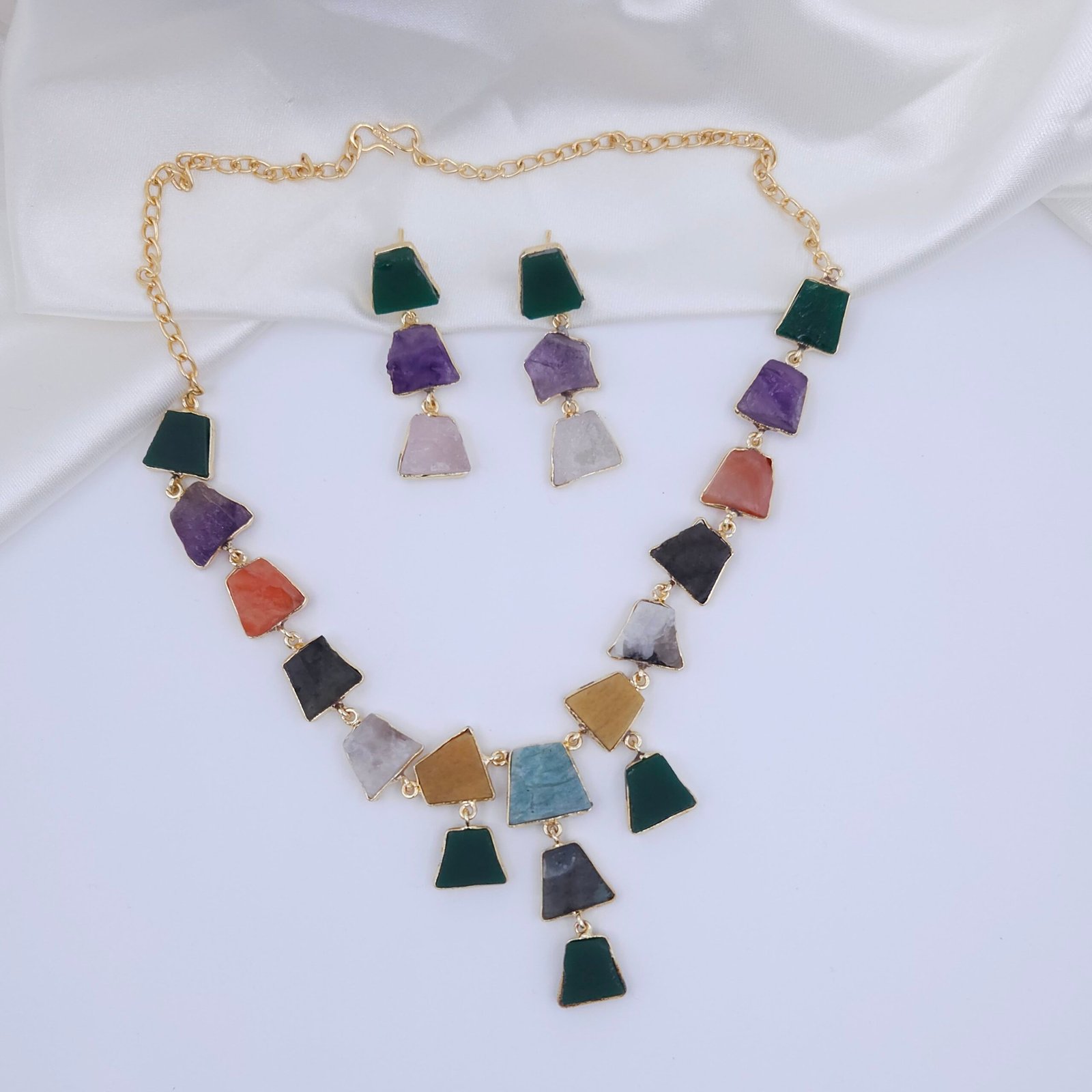 Handcrafted Anti-Tarnish Multi-Color Natural Stone Jewellery Set – Geometric Necklace & Earrings Handcrafted Anti-Tarnish Multi-Color Natural Stone Jewellery Set – Geometric Necklace & Earrings