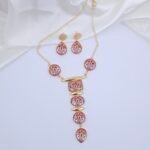 Handcrafted Hand-Painted Monalisa Stone Jewellery Set – Floral Gold-Plated Necklace & Drop Earrings (Anti-Tarnish)