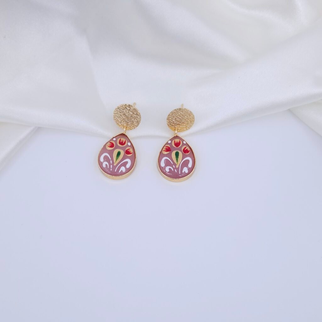 Handcrafted Hand-Painted Monalisa Stone Jewellery Set – Floral Gold-Plated Necklace & Drop Earrings (Anti-Tarnish)