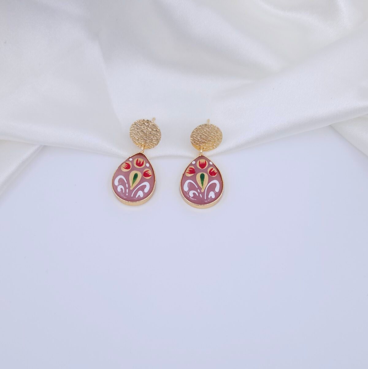 Handcrafted Hand-Painted Monalisa Stone Jewellery Set – Floral Gold-Plated Necklace & Drop Earrings (Anti-Tarnish)