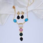 Handcrafted Anti-Tarnish Multi-Color Monalisa Stone Jewellery Set – Modern Gold-Plated Necklace & Leaf Drop Earrings