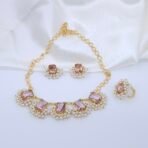 Handcrafted Anti-Tarnish Pink Stone & Pearl Jewellery Set – Gold-Plated Necklace, Earrings & Adjustable Ring