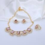 Handcrafted Anti-Tarnish Pink Stone & Pearl Jewellery Set – Gold-Plated Necklace, Earrings & Adjustable Ring