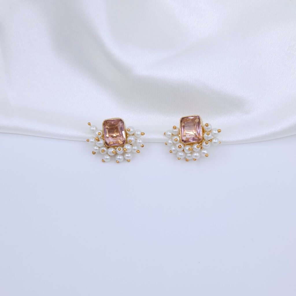 Handcrafted Anti-Tarnish Pink Stone & Pearl Jewellery Set – Gold-Plated Necklace, Earrings & Adjustable Ring