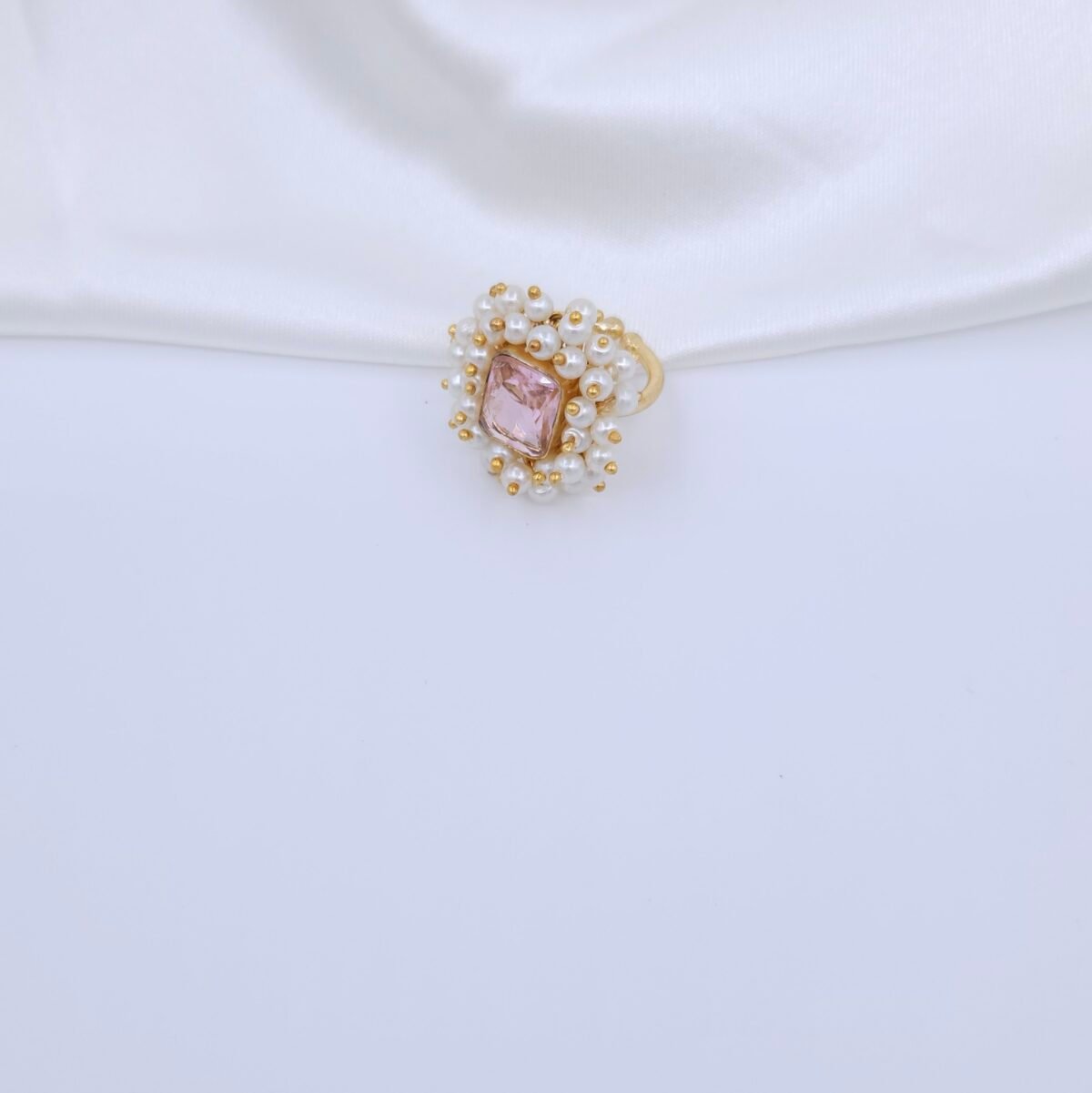 Handcrafted Anti-Tarnish Pink Stone & Pearl Jewellery Set – Gold-Plated Necklace, Earrings & Adjustable Ring