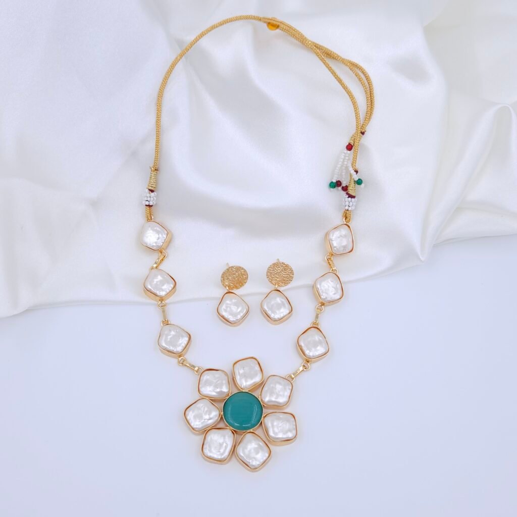 Handcrafted Anti-Tarnish Mother of Pearl & Green Monalisa Stone Jewellery Set – Floral Gold-Plated Necklace & Earrings