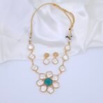 Handcrafted Anti-Tarnish Mother of Pearl & Green Monalisa Stone Jewellery Set – Floral Gold-Plated Necklace & Earrings