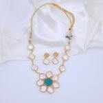 Handcrafted Anti-Tarnish Mother of Pearl & Green Monalisa Stone Jewellery Set – Floral Gold-Plated Necklace & Earrings
