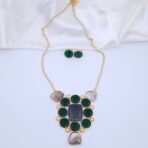 Handcrafted Anti-Tarnish Mother of Pearl & Green Monalisa Stone Jewellery Set - Statement Gold-Plated Necklace & Stud Earrings