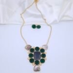Handcrafted Anti-Tarnish Mother of Pearl & Green Monalisa Stone Jewellery Set - Statement Gold-Plated Necklace & Stud Earrings
