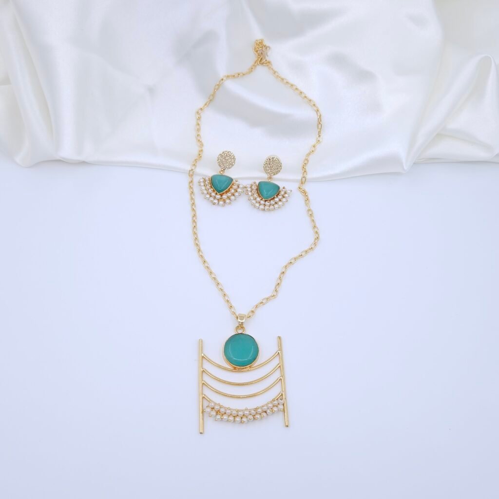 Handcrafted Anti-Tarnish Sea Green Monalisa Stone & Pearl Jewellery Set