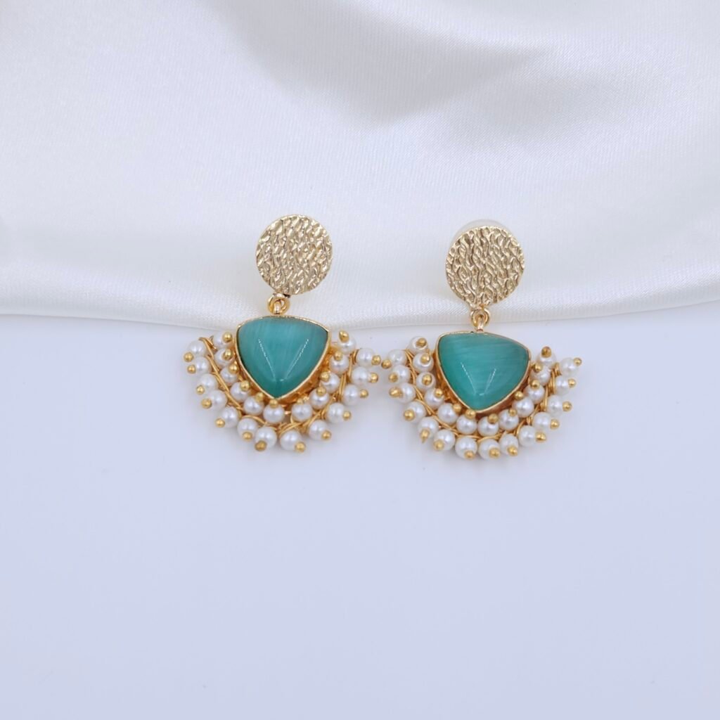 Handcrafted Anti-Tarnish Sea Green Monalisa Stone & Pearl Jewellery Set