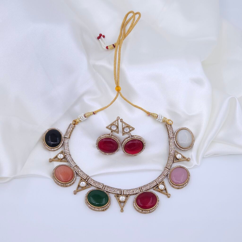 Handcrafted Anti-Tarnish Multicolor Monalisa, Moissanite & American Diamond Jewellery Set - Gold-Plated Necklace & Drop Earrings