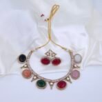 Handcrafted Anti-Tarnish Multicolor Monalisa, Moissanite & American Diamond Jewellery Set - Gold-Plated Necklace & Drop Earrings