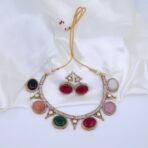 Handcrafted Anti-Tarnish Multicolor Monalisa, Moissanite & American Diamond Jewellery Set - Gold-Plated Necklace & Drop Earrings