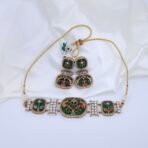 Handcrafted Anti-Tarnish Green Mother of Pearl Choker Set with American Diamonds, Monalisa Stones & Enamel