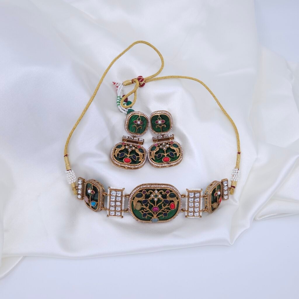Handcrafted Anti-Tarnish Green Mother of Pearl Choker Set with American Diamonds, Monalisa Stones & Enamel