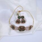 Handcrafted Anti-Tarnish Green Mother of Pearl Choker Set with American Diamonds, Monalisa Stones & Enamel