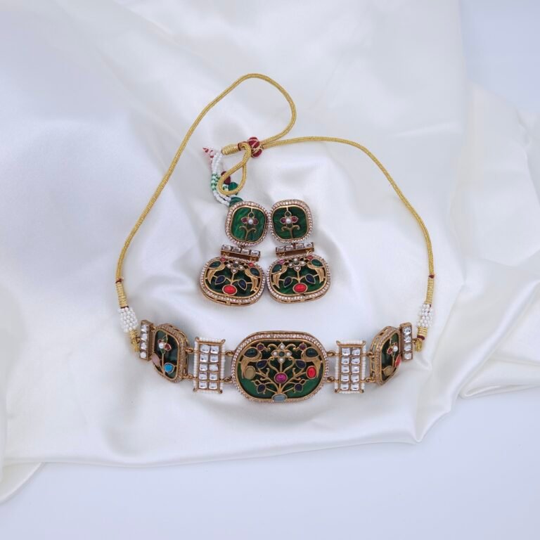 Handcrafted Anti-Tarnish Green Mother of Pearl Choker Set with American Diamonds, Monalisa Stones & Enamel