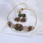 Handcrafted Anti-Tarnish Green Mother of Pearl Choker Set with American Diamonds, Monalisa Stones & Enamel