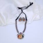 Handcrafted Silver Replica Hand-Painted Monalisa Stone Necklace Set with Pearls & Gemstones