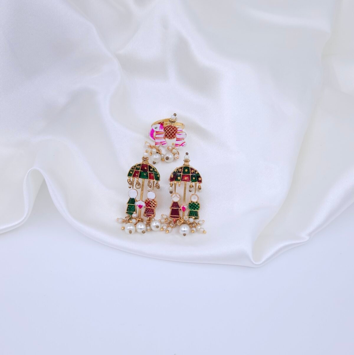 Rajasthani Brass Meenakari Necklace Set with Elephant & Umbrella Motifs