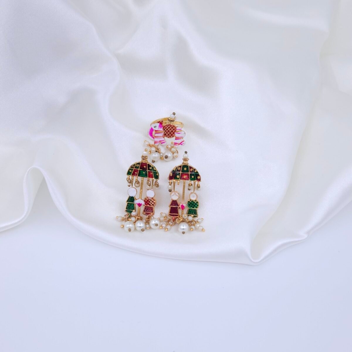 Rajasthani Brass Meenakari Necklace Set with Elephant & Umbrella Motifs