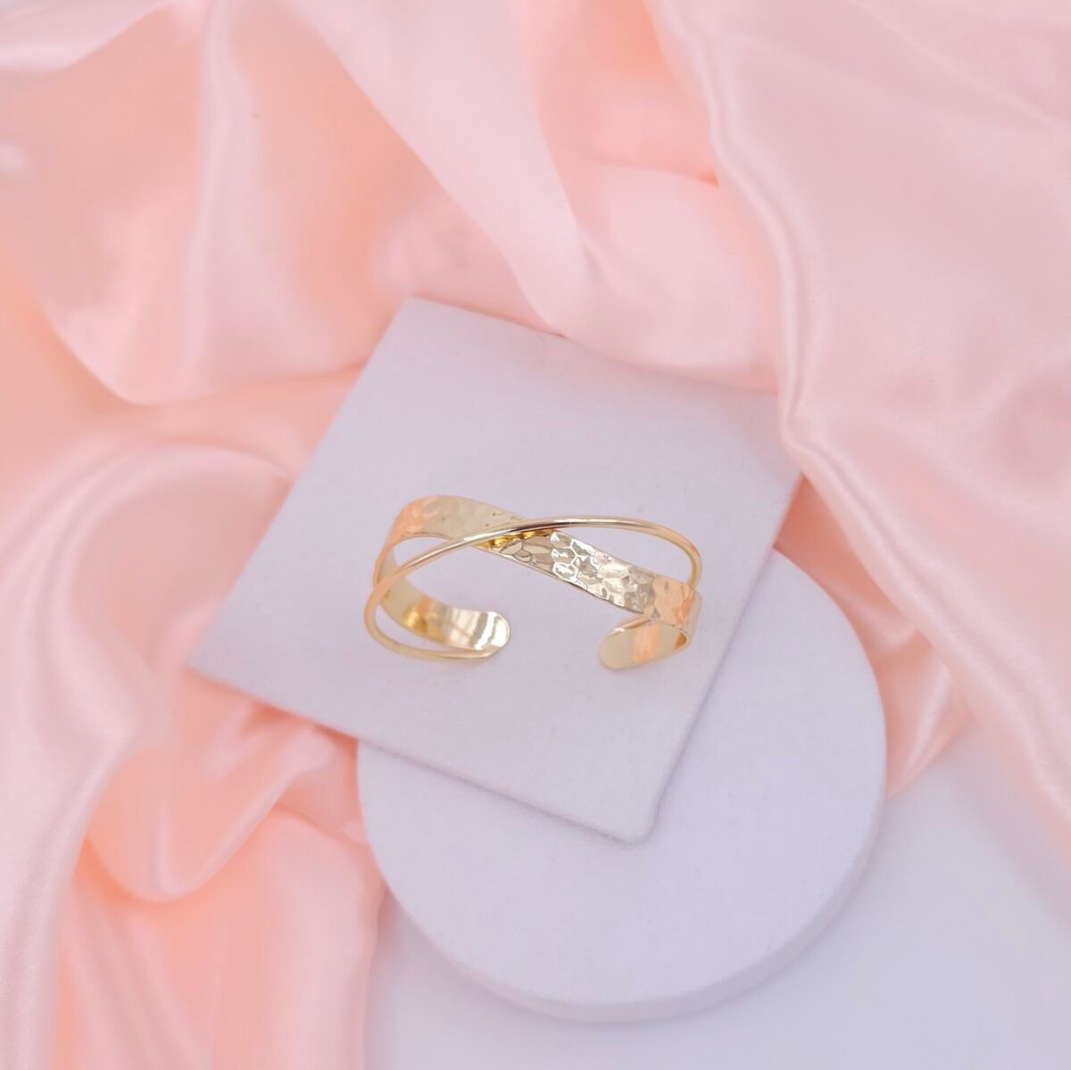 Gold Plated Stainless Steel Hammered & Criss-Cross Open Cuff Bracelet