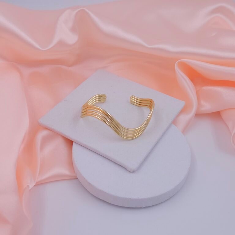 Wave Pattern Adjustable Stainless Steel Cuff Bracelet - Gold Finish