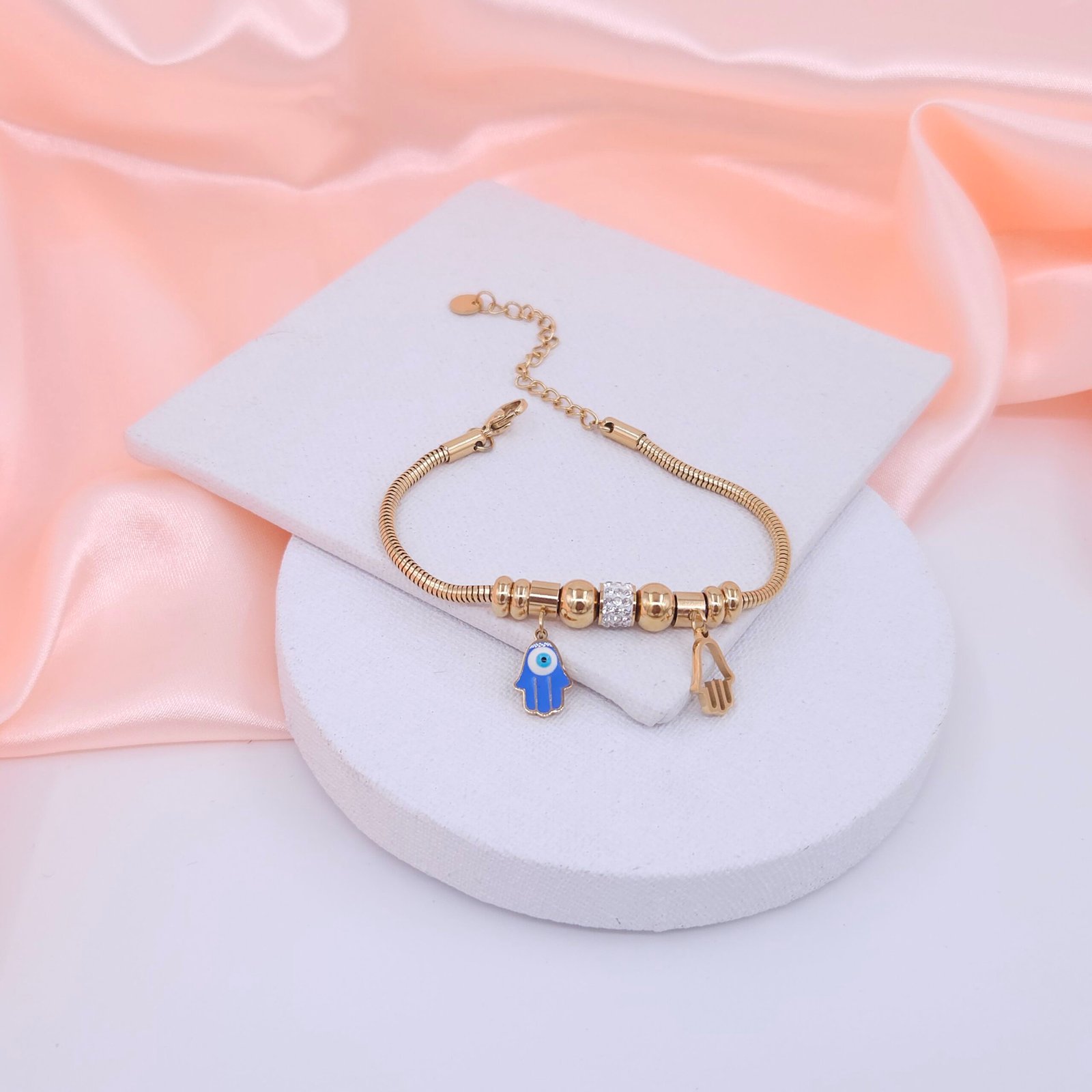 Evil Eye & Hamsa Charm Stainless Steel Bracelet - Gold Finish Evil Eye & Hamsa Charm Stainless Steel Bracelet - Gold Finish