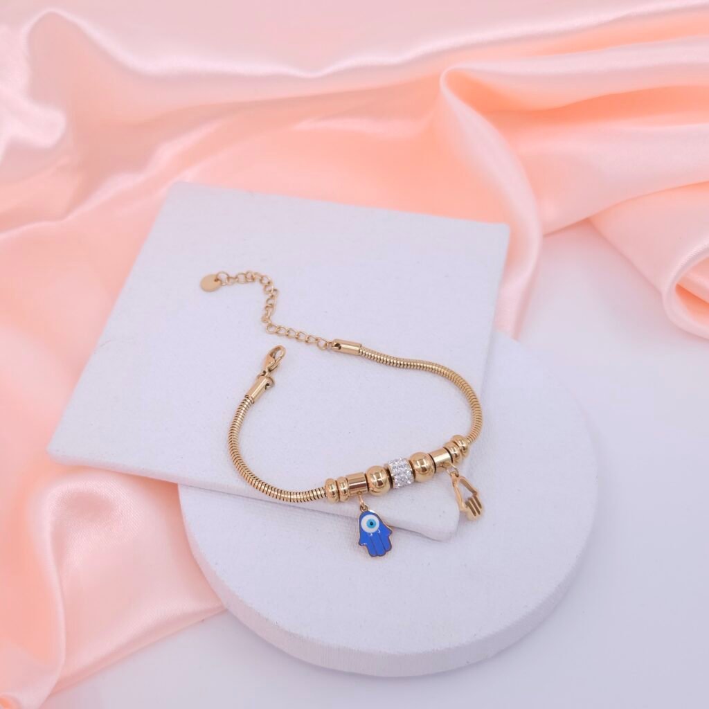 Evil Eye & Hamsa Charm Stainless Steel Bracelet - Gold Finish
