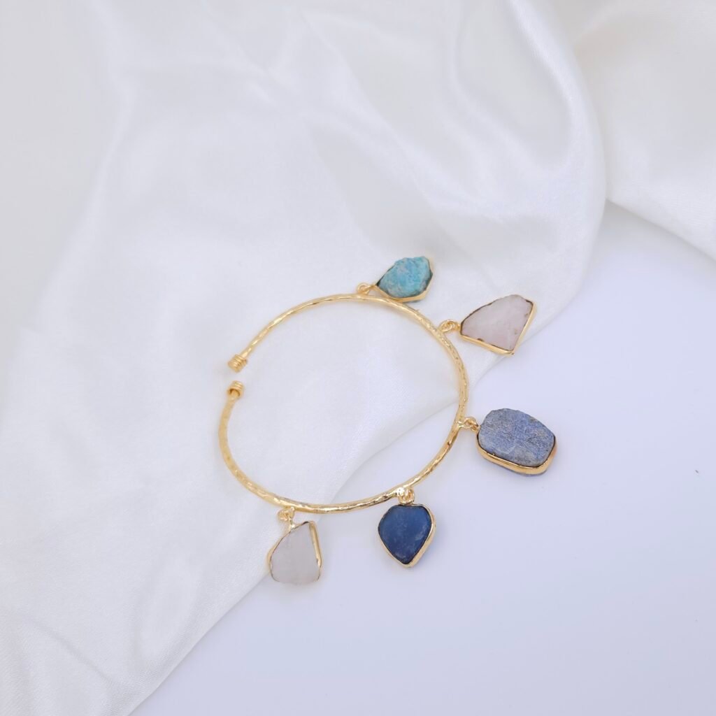 Multicolor Raw Stone Brass Bracelet - Handmade Adjustable Charm Bracelet