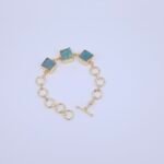 Square Aqua Stone Brass Bracelet - Handmade Gold-Plated Modern Link Bracelet