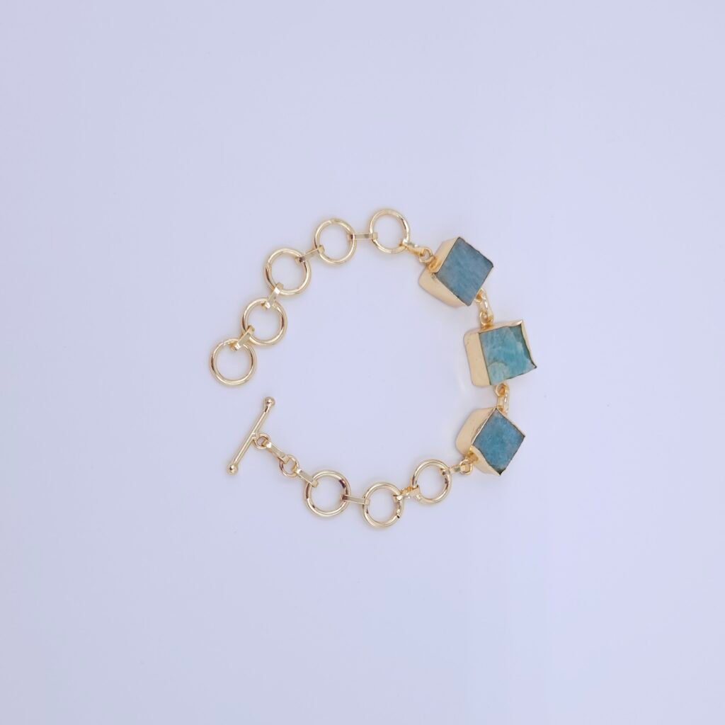 Square Aqua Stone Brass Bracelet - Handmade Gold-Plated Modern Link Bracelet